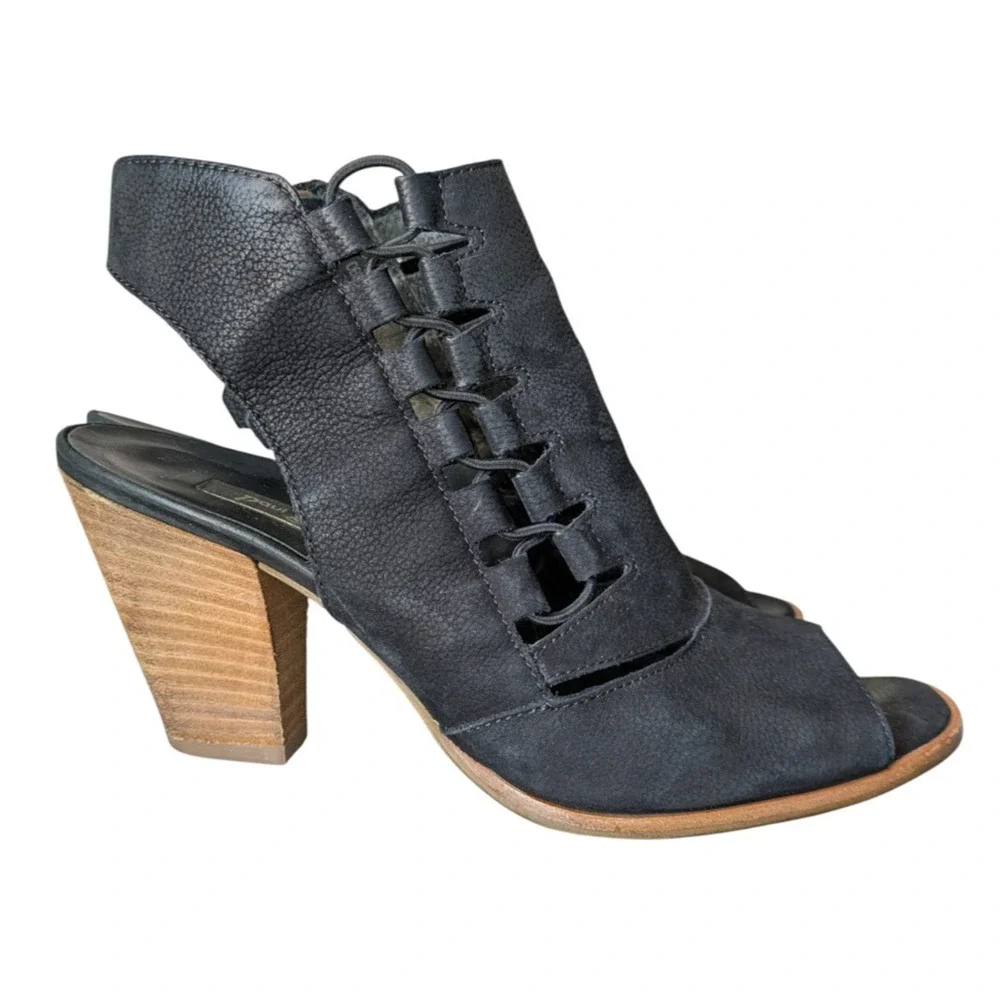 Paul Green Mindy Black Leather Lace Up Cut Out Heeled Sandal Size UK 4.5 US 7